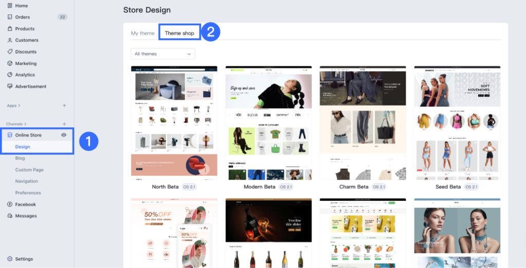 User interface of SHOPLINE Store Design page with a selection of customizable themes.