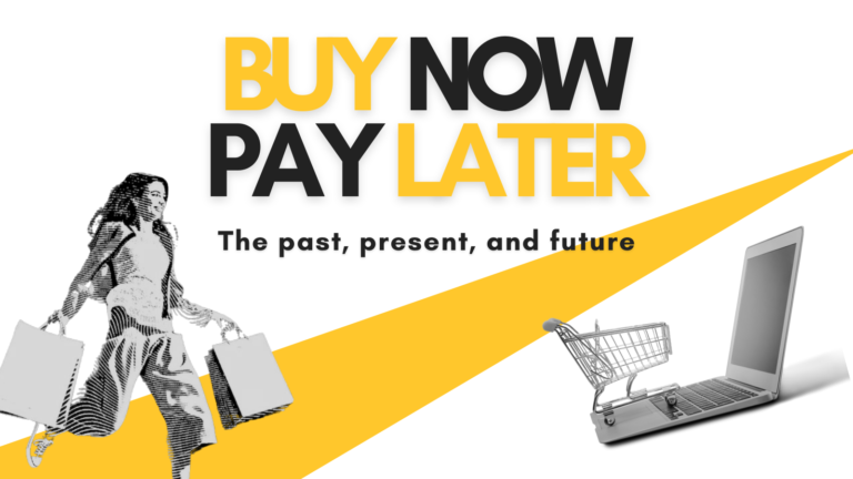 Promotional graphic for Buy Now, Pay Later services featuring a woman with shopping bags in a monochrome and yellow design, with text overlay stating 'Buy Now Pay Later: The past, present, and future'. The graphic uses dynamic angles and multiple images of the same woman to emphasize movement and shopping ease.